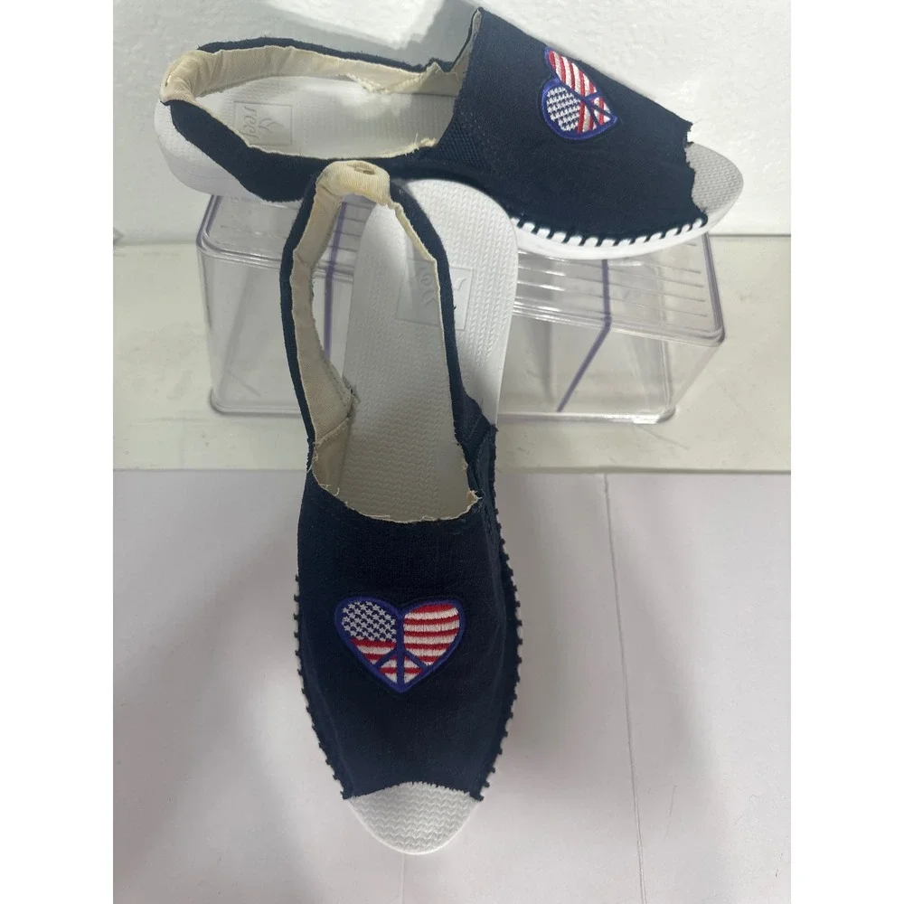 🇺🇸Reef Navy Canvas Slingback Sandals Patriotic Peace Heart Peep Toe Women 10